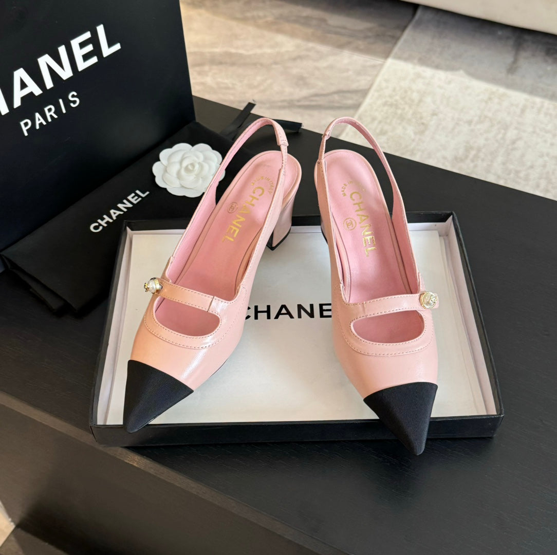 Chanel Double C Women's Slingback Spirit Toe Light Pink Lambskin
