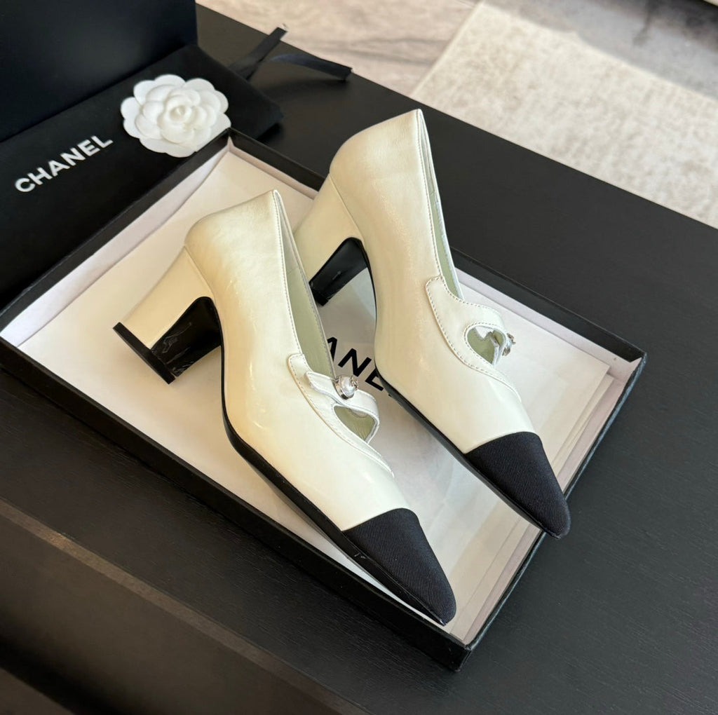 Chanel Double C Women's Shoes Spirit Toe White Lambskin