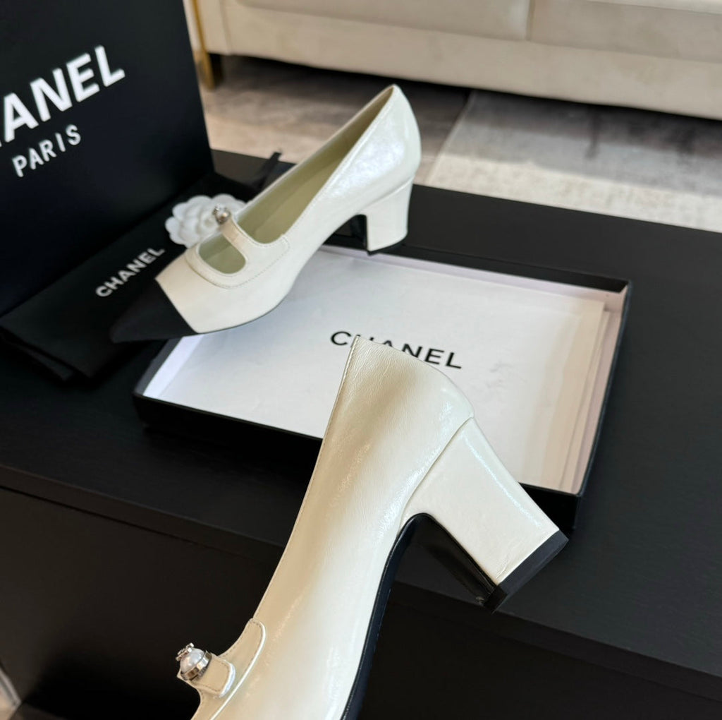 Chanel Double C Women's Shoes Spirit Toe White Lambskin