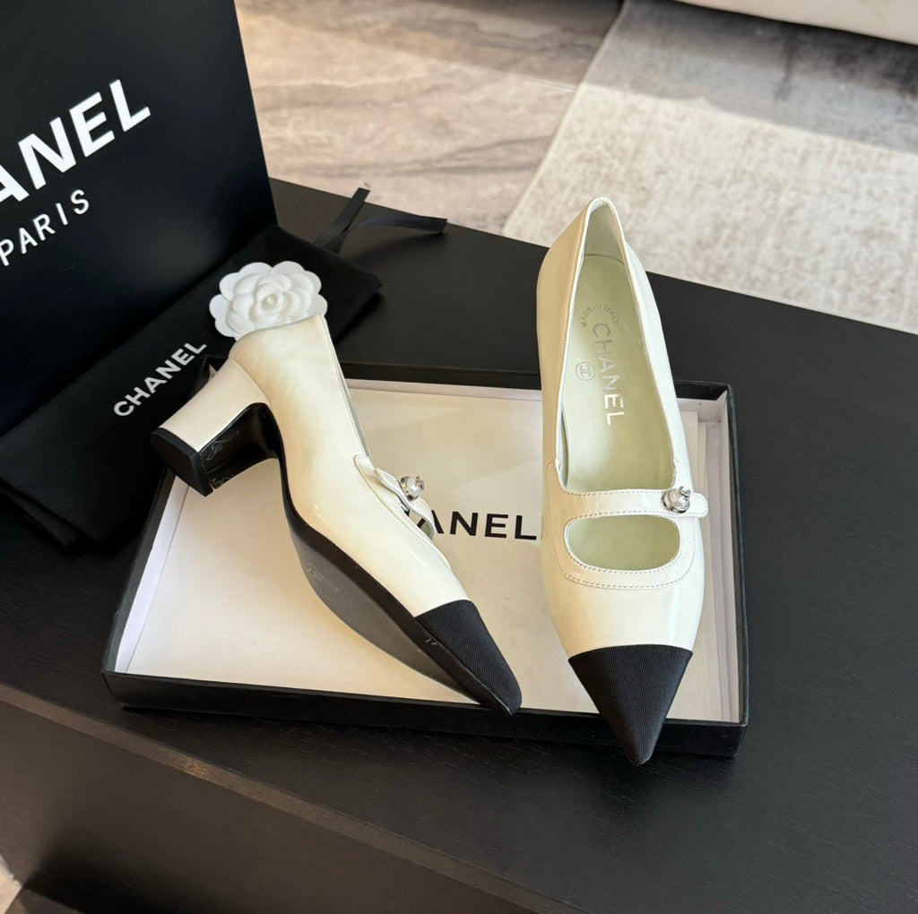 Chanel Double C Women's Shoes Spirit Toe White Lambskin