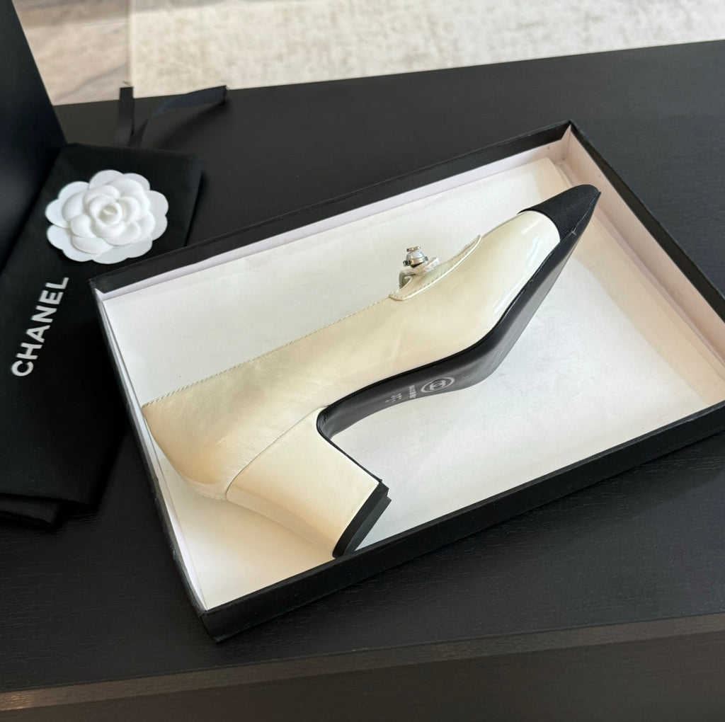 Chanel Double C Women's Shoes Spirit Toe White Lambskin