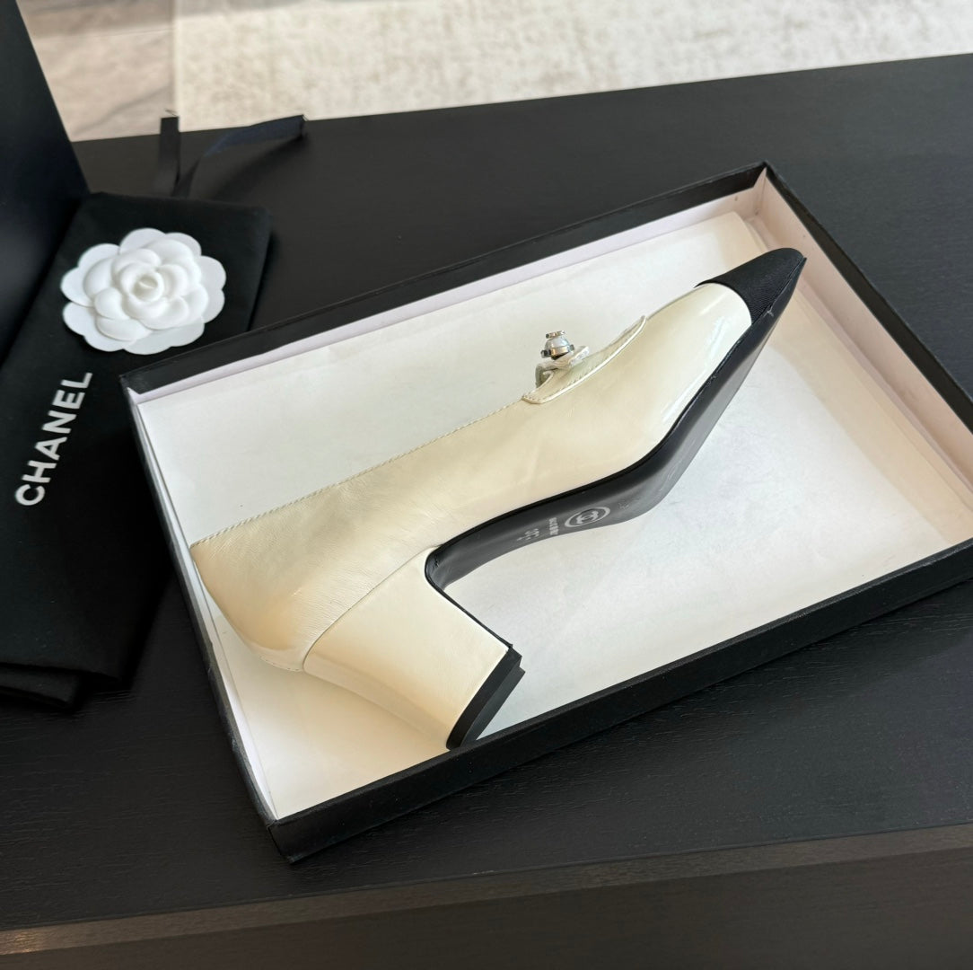 Chanel Double C Women's Shoes Spirit Toe White Lambskin