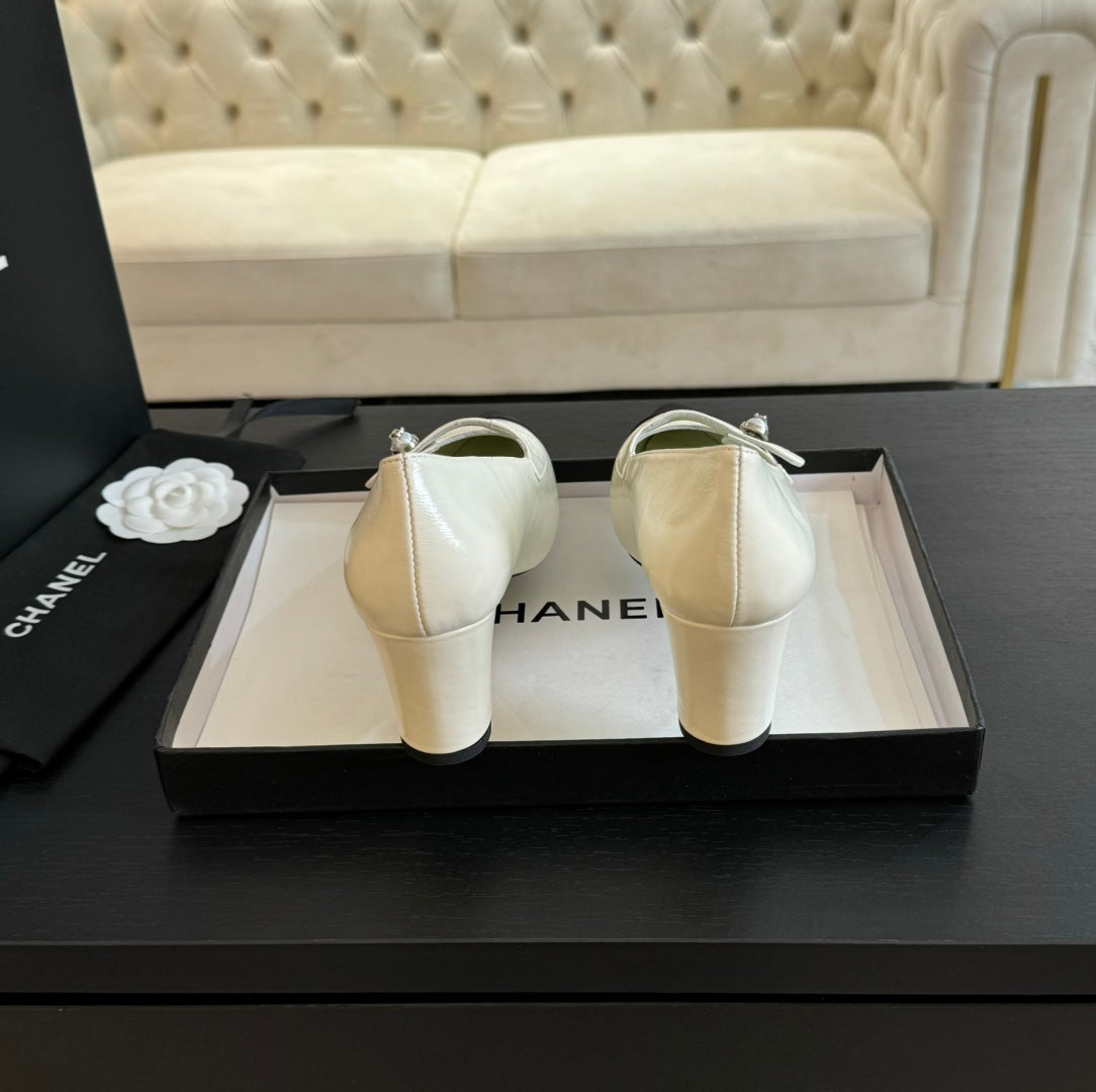 Chanel Double C Women's Shoes Spirit Toe White Lambskin