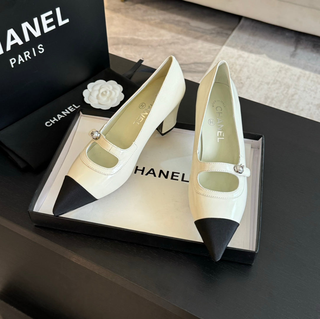 Chanel Double C Women's Shoes Spirit Toe White Lambskin