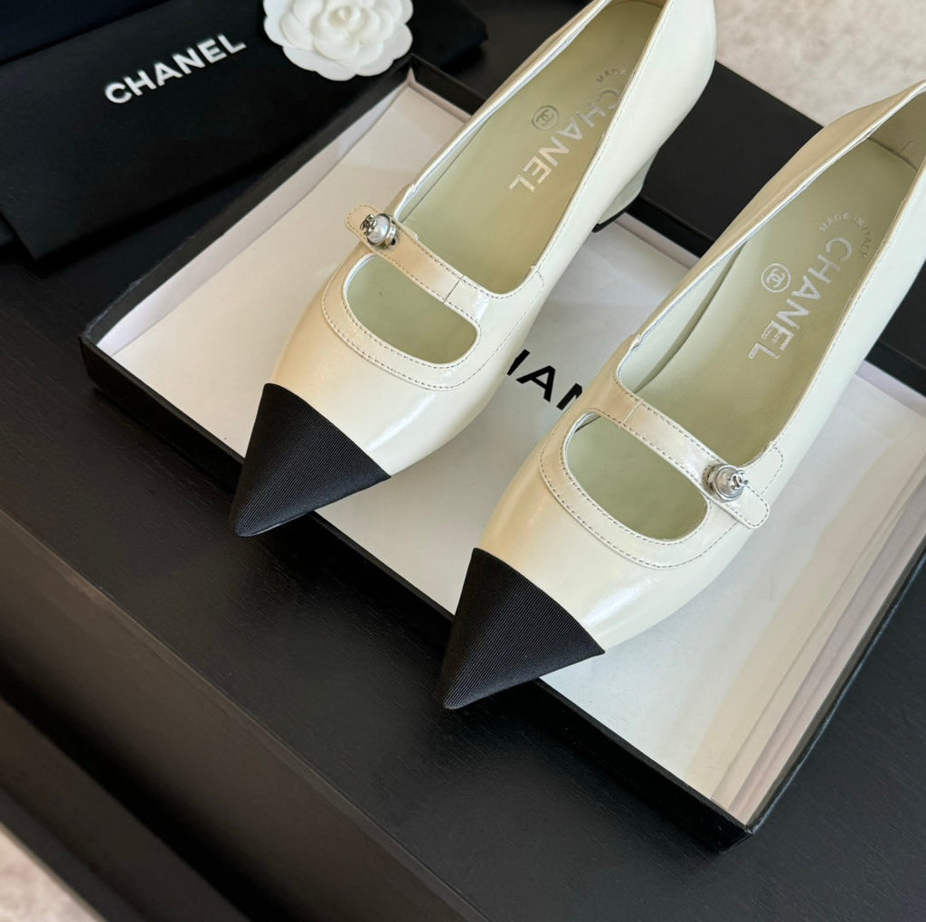 Chanel Double C Women's Shoes Spirit Toe White Lambskin