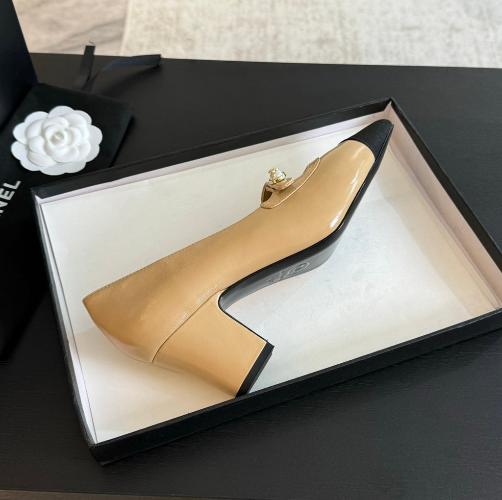 Chanel Double C Women's Shoes Spirit Toe Tan Brown Lambskin