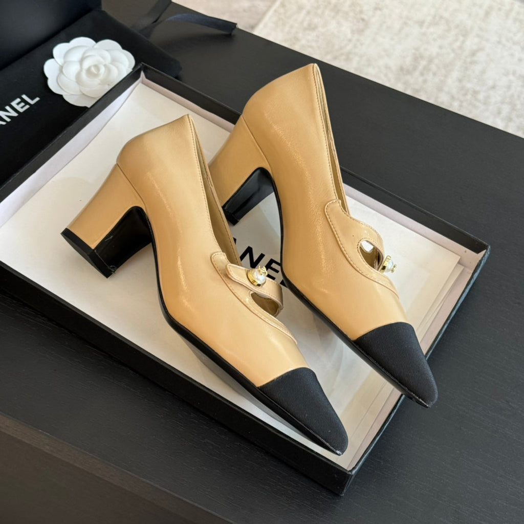 Chanel Double C Women's Shoes Spirit Toe Tan Brown Lambskin