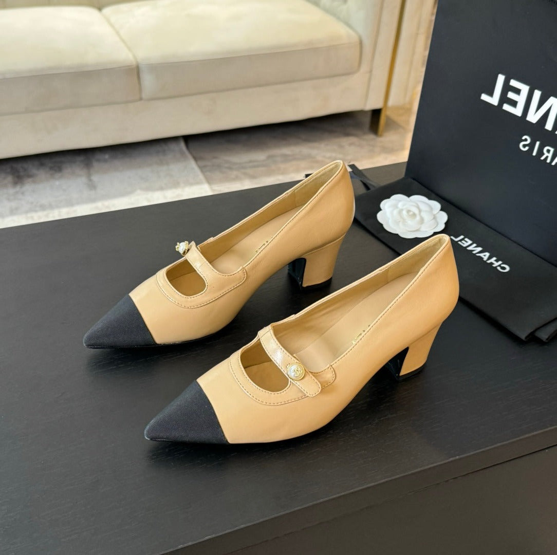 Chanel Double C Women's Shoes Spirit Toe Tan Brown Lambskin