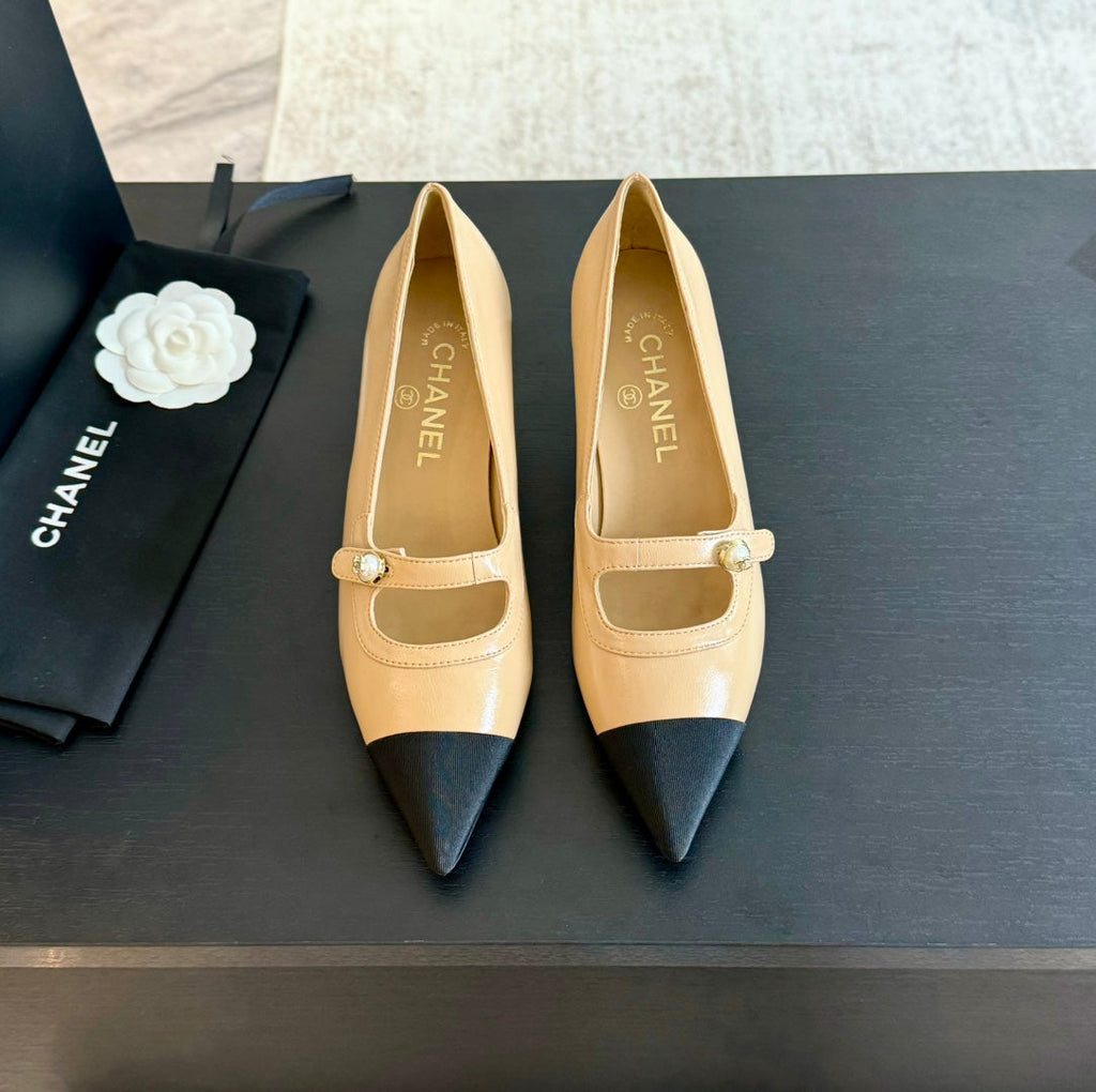 Chanel Double C Women's Shoes Spirit Toe Tan Brown Lambskin