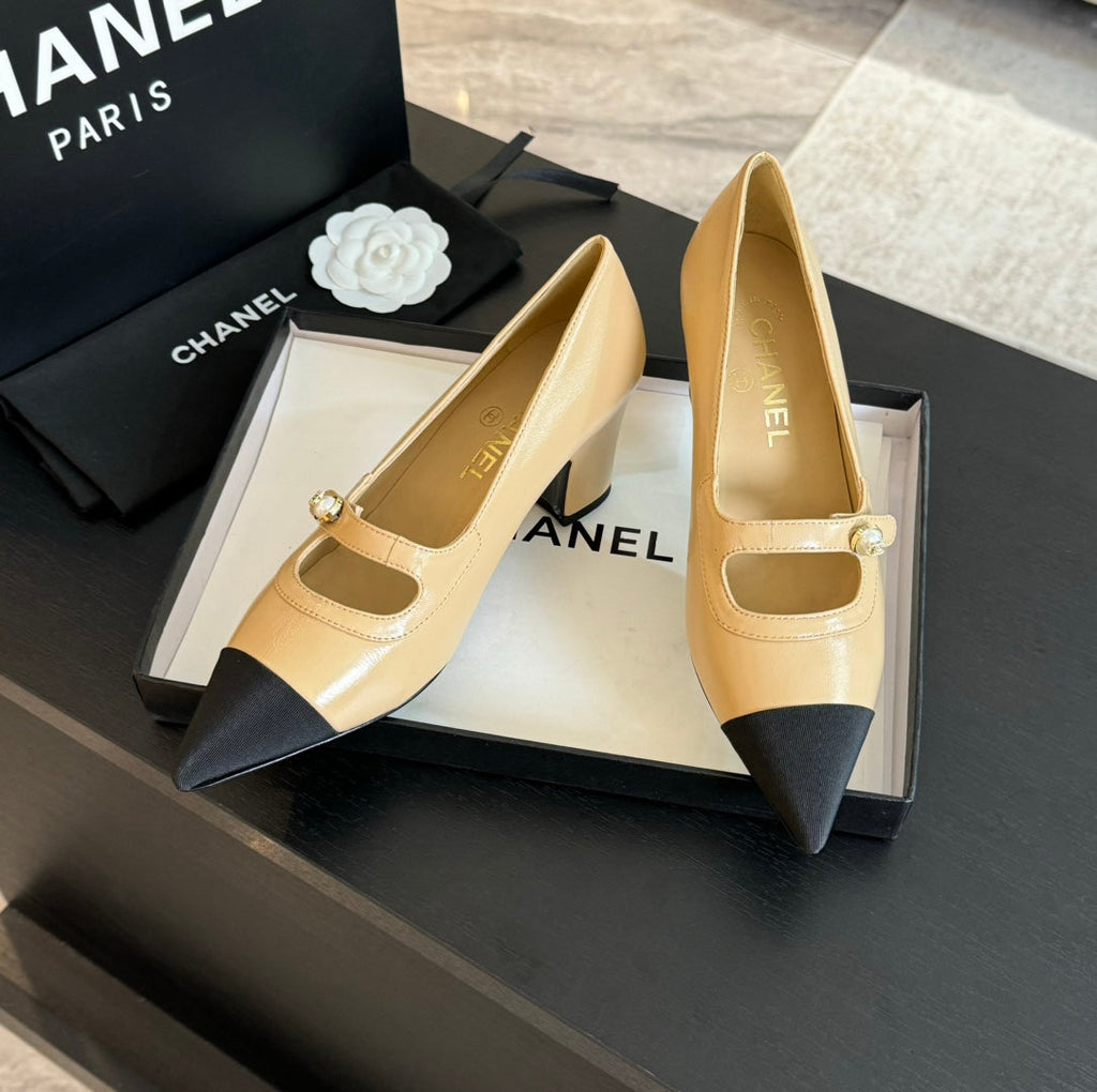 Chanel Double C Women's Shoes Spirit Toe Tan Brown Lambskin