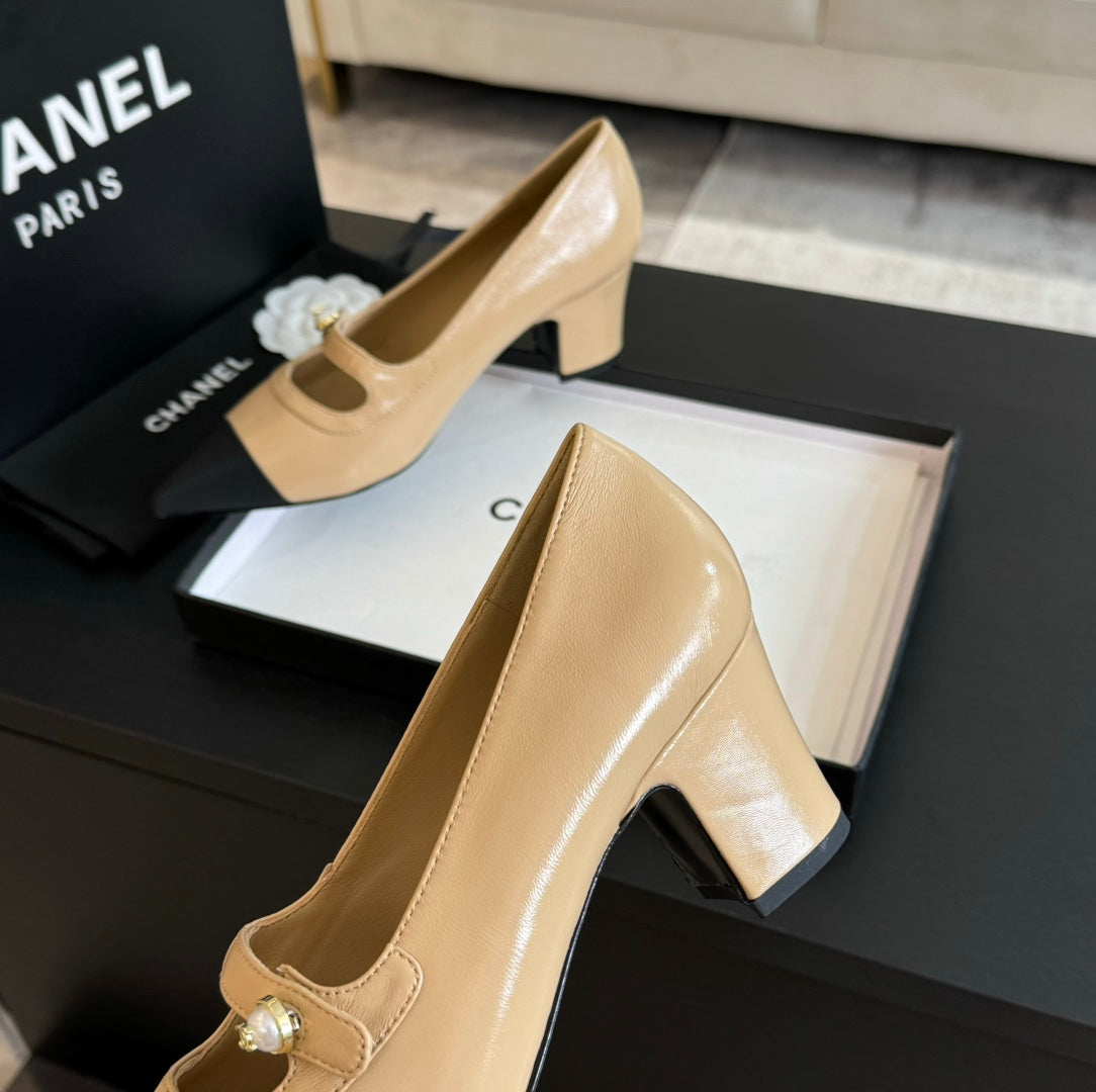 Chanel Double C Women's Shoes Spirit Toe Tan Brown Lambskin