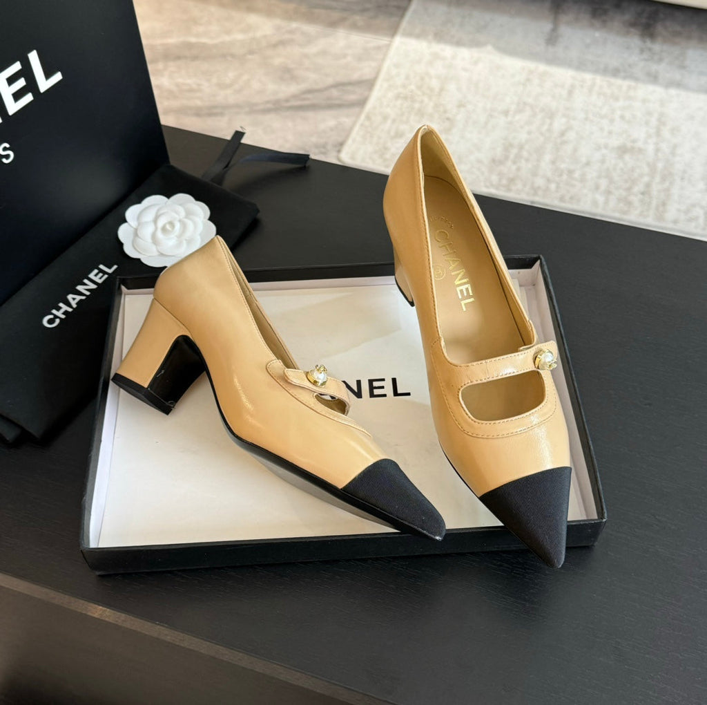 Chanel Double C Women's Shoes Spirit Toe Tan Brown Lambskin