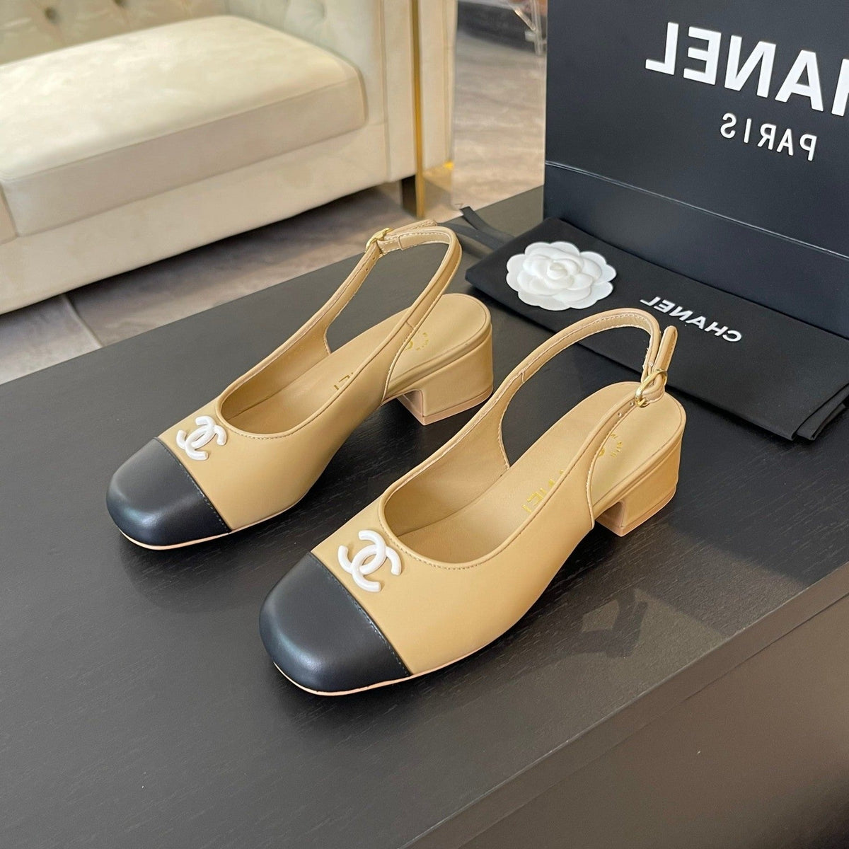 Chanel Slingbacks in Dark Beige Mix Black Calfskin