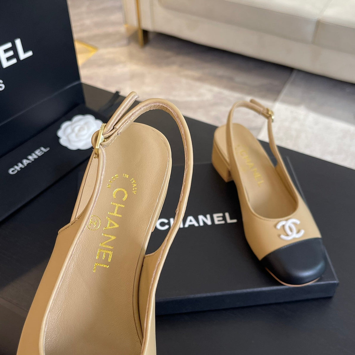 Chanel Slingbacks in Dark Beige Mix Black Calfskin