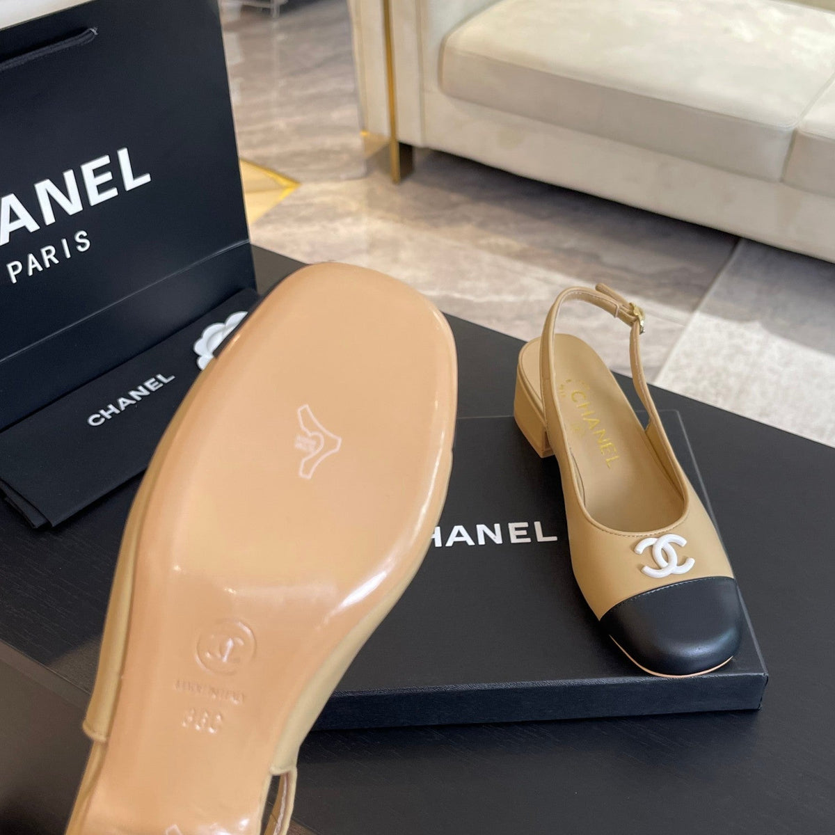 Chanel Slingbacks in Dark Beige Mix Black Calfskin