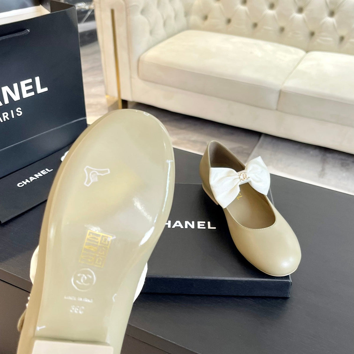 Chanel Ballet Flat Ecru Beige Lambskin with White Bow
