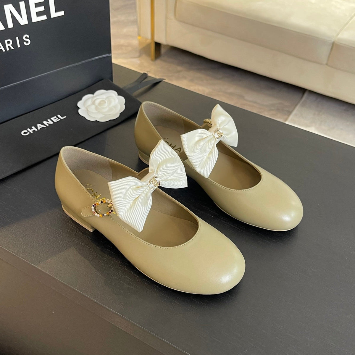 Chanel Ballet Flat Ecru Beige Lambskin with White Bow