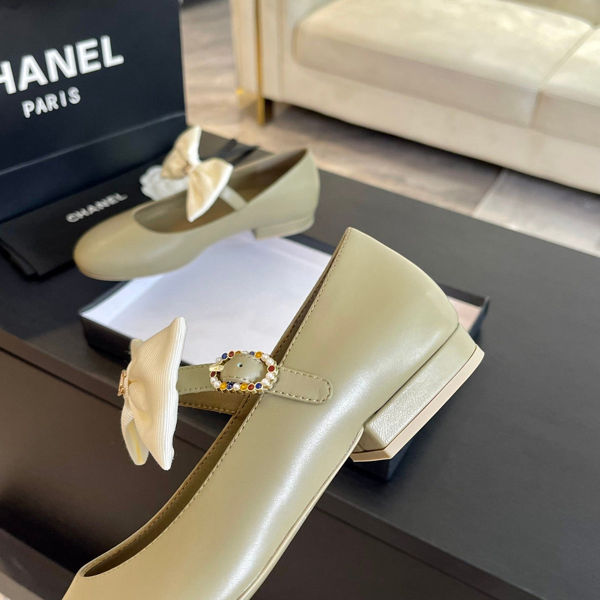 Chanel Ballet Flat Ecru Beige Lambskin with White Bow