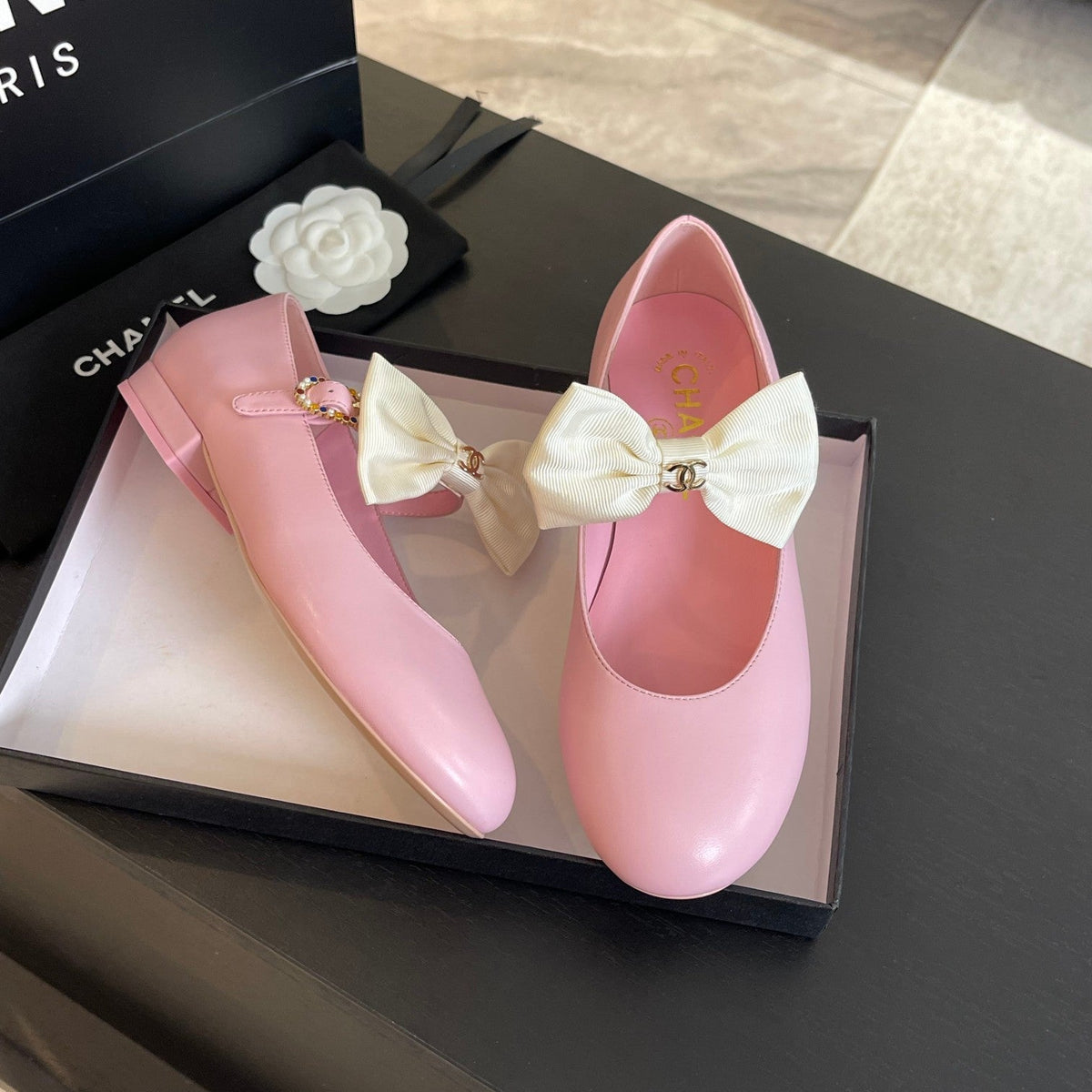 Chanel Ballet Flat Light Pink Lambskin with White Bow