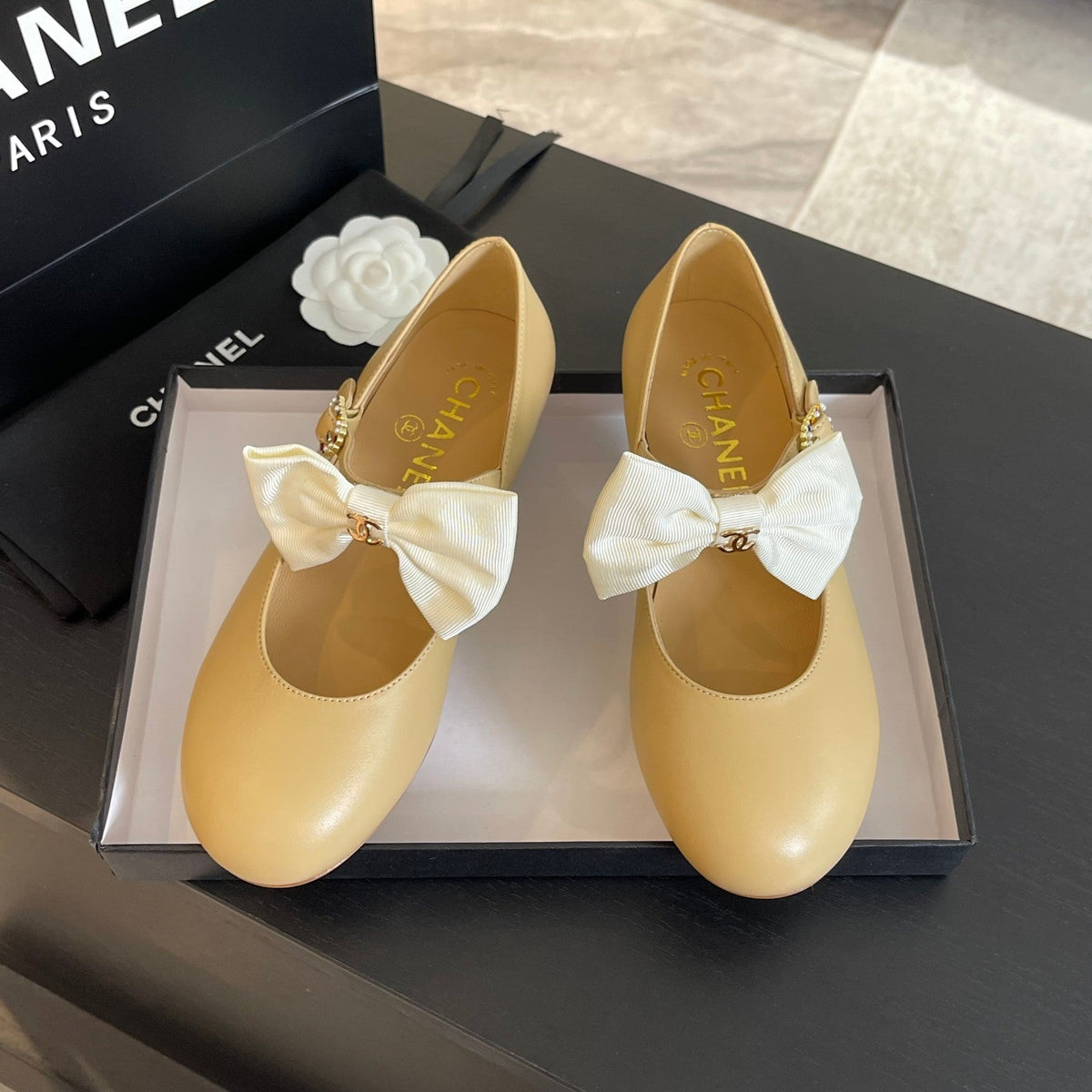 Chanel Ballet Flat Dark Cream Lambskin with White Bow