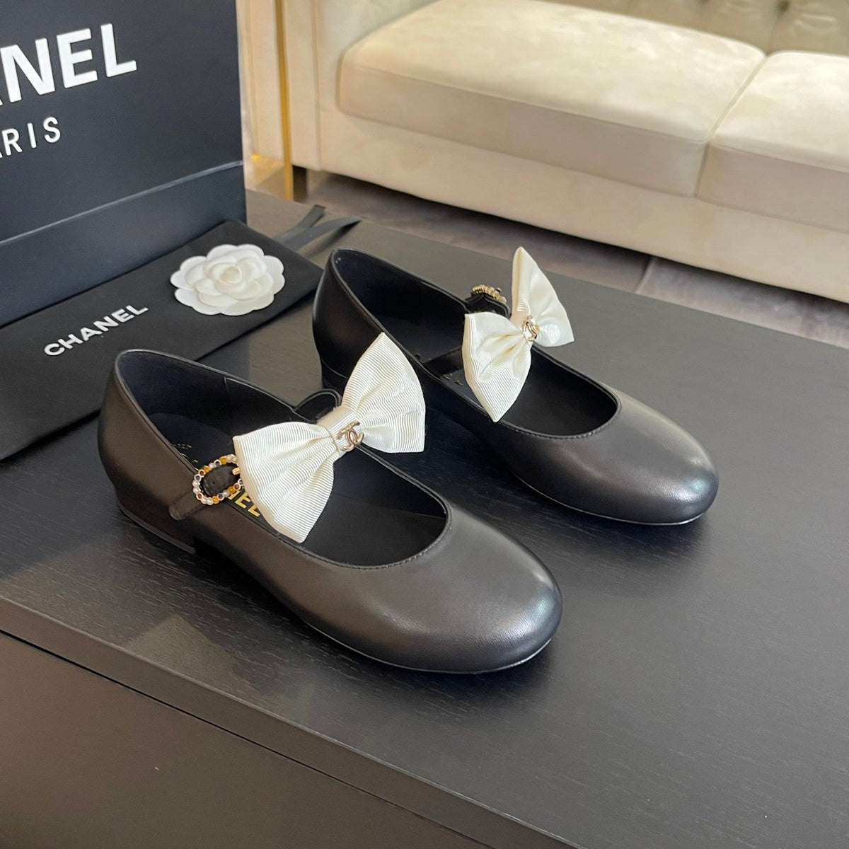 Chanel Ballet Flat Black Lambskin with White Bow