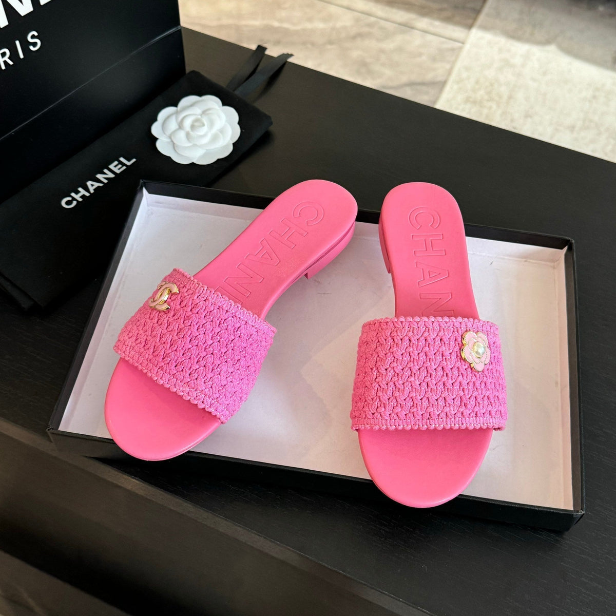 Chanel Bright Pink Woven Flat Slippers