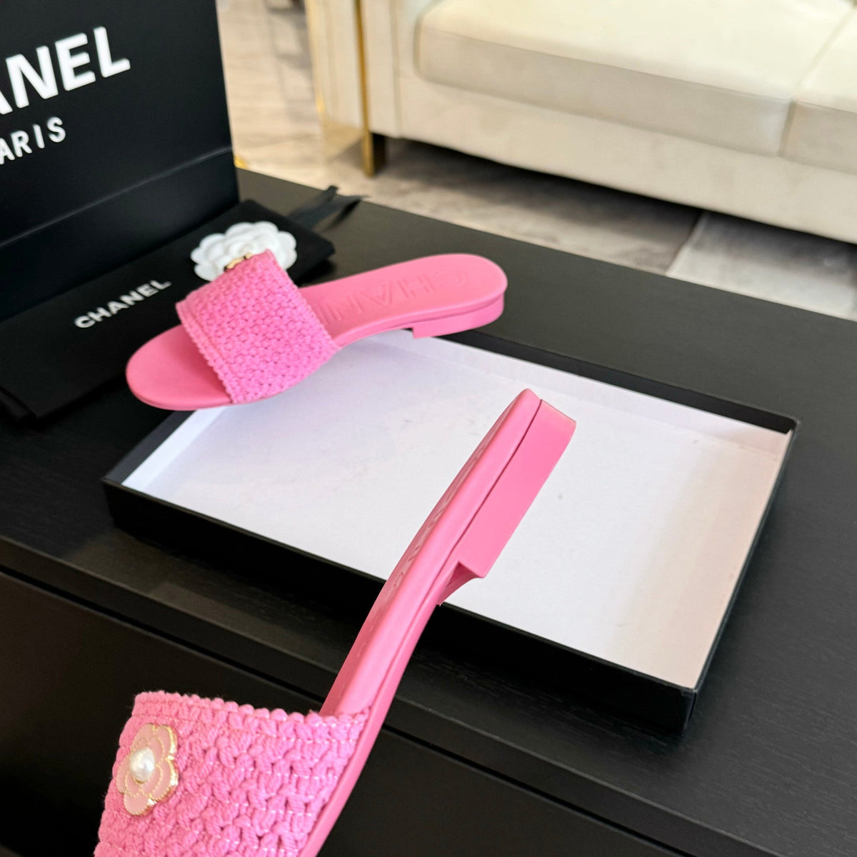 Chanel Bright Pink Woven Flat Slippers