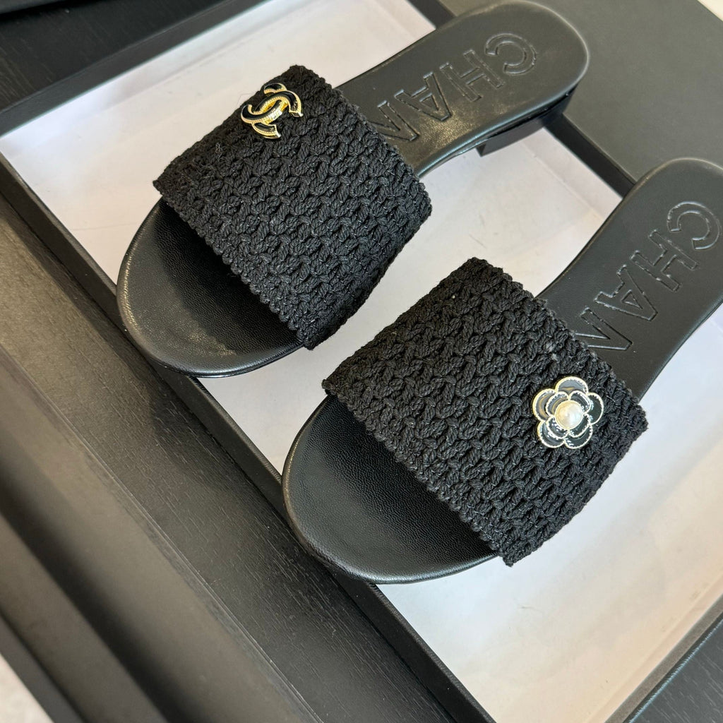 Chanel Black Woven Flat Slippers