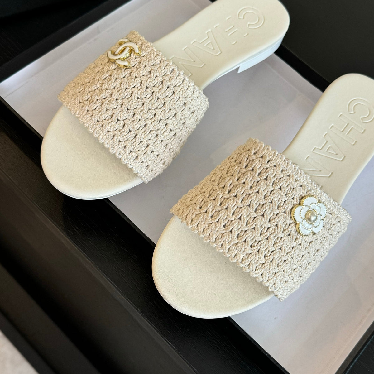 Chanel White Woven Flat Slippers