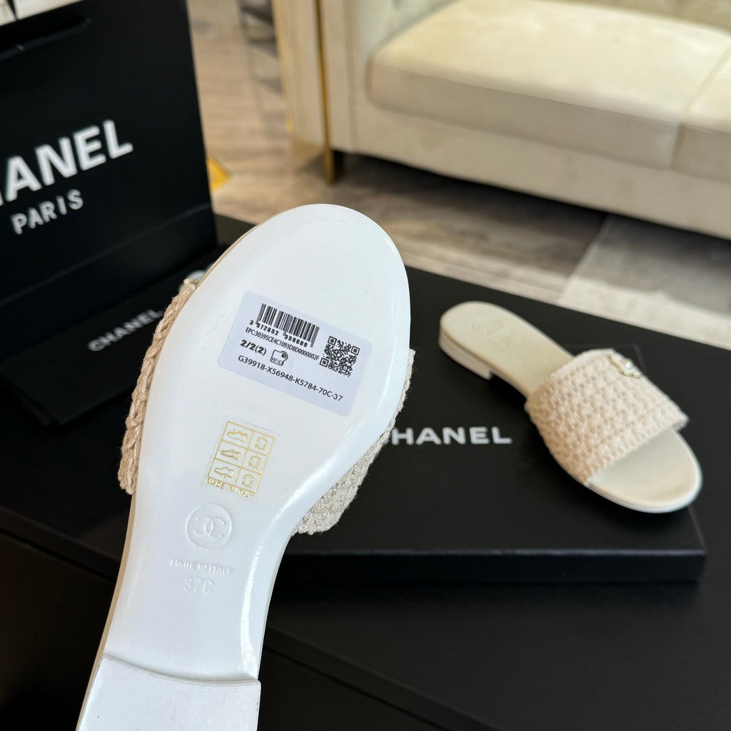 Chanel White Woven Flat Slippers