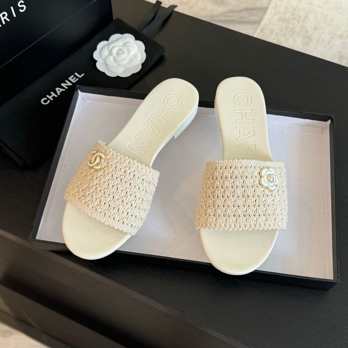 Chanel White Woven Flat Slippers