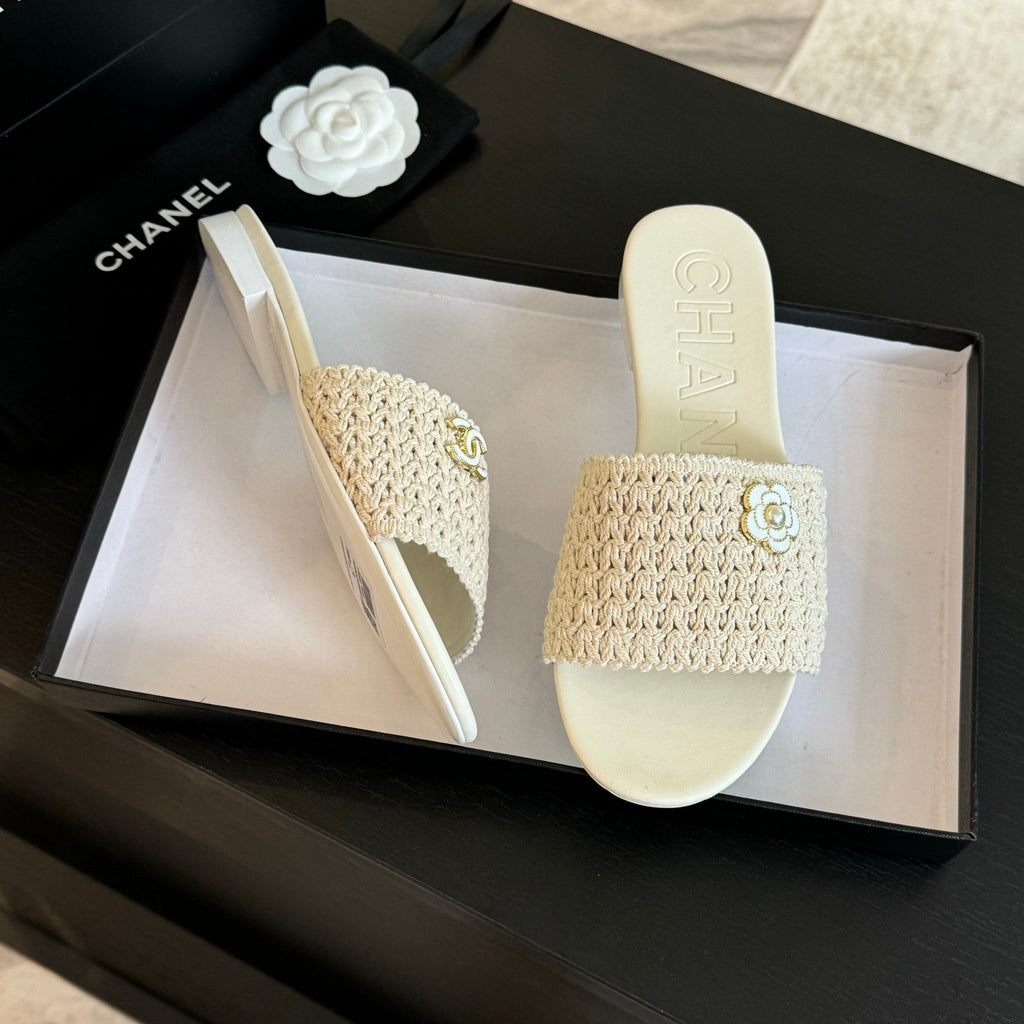 Chanel White Woven Flat Slippers