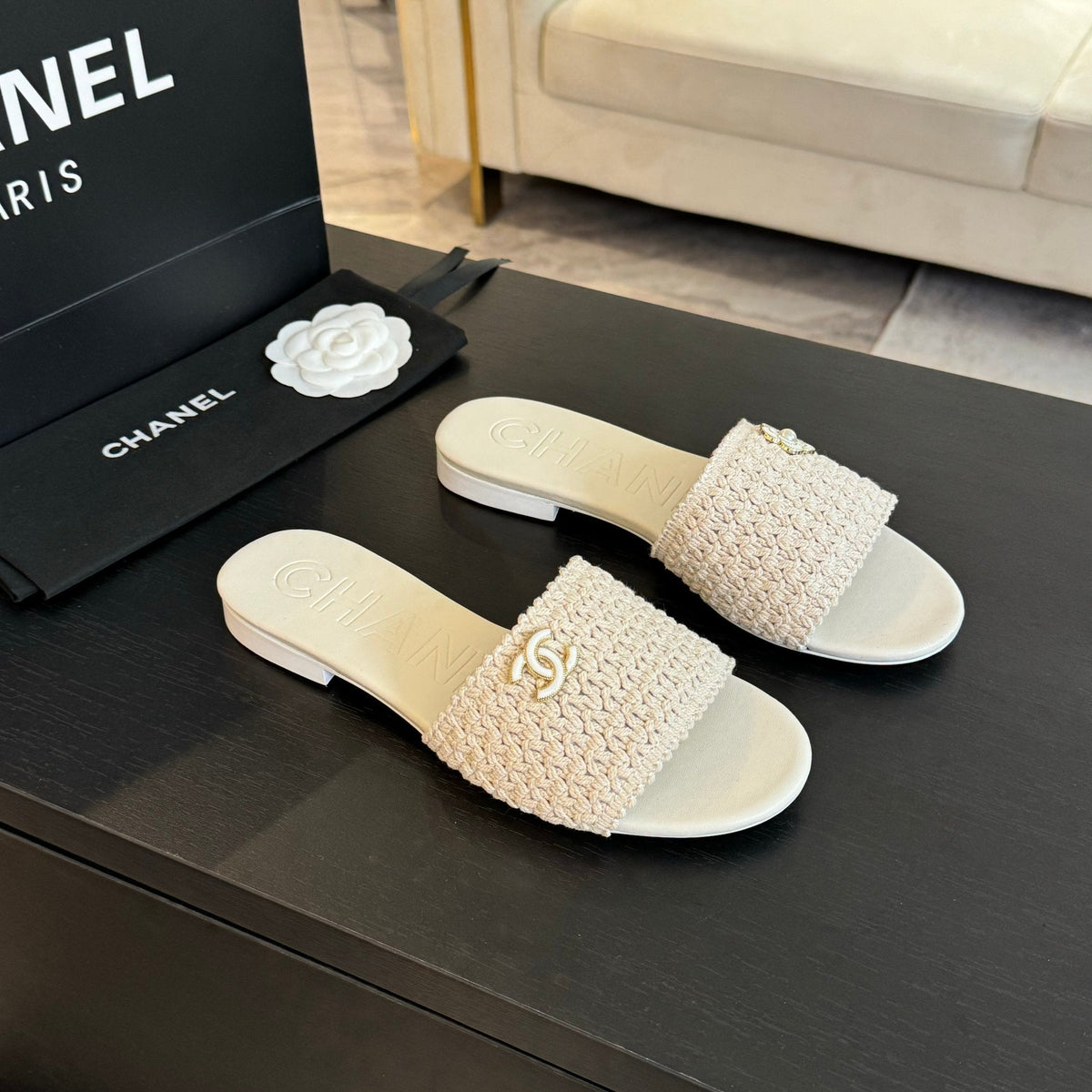 Chanel White Woven Flat Slippers