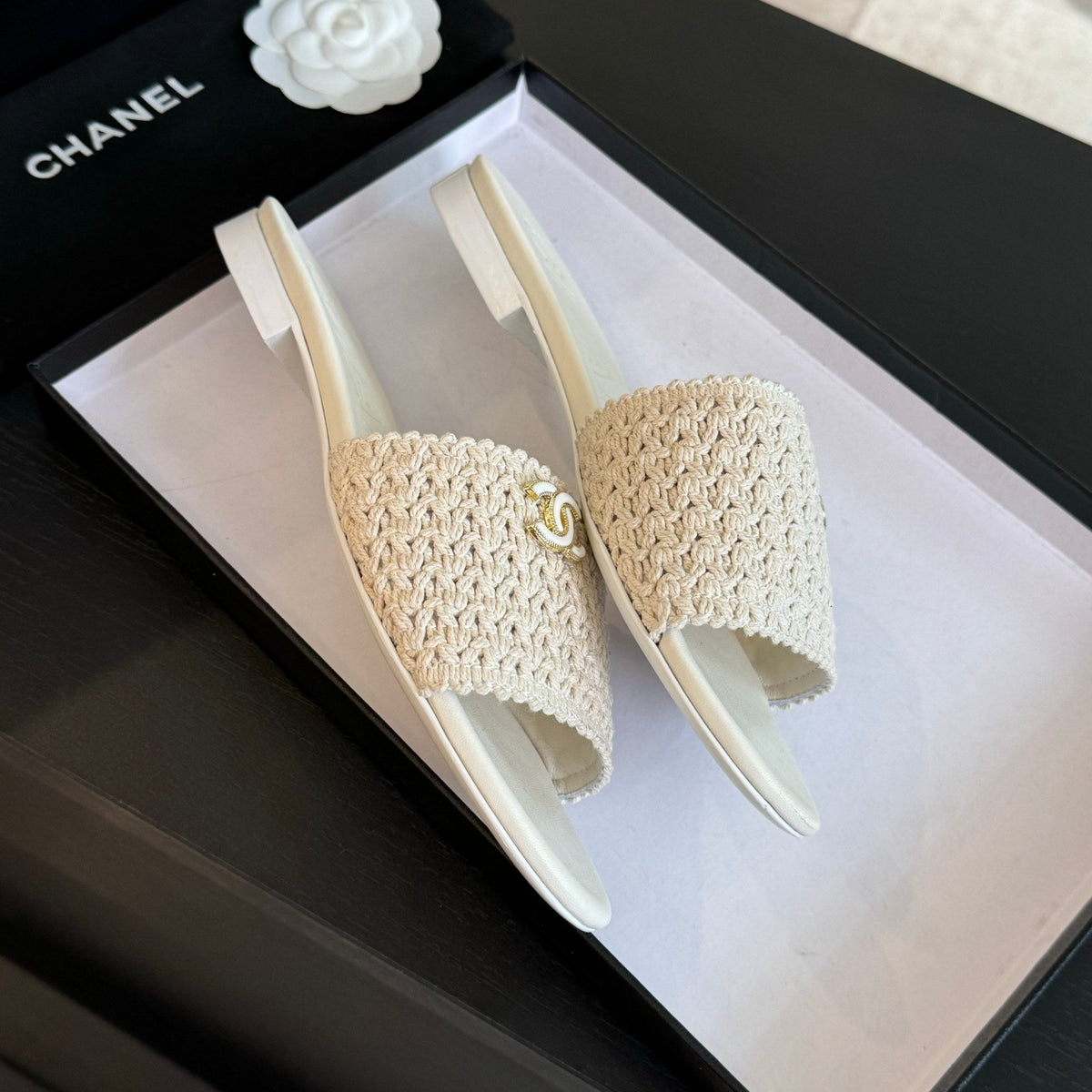 Chanel White Woven Flat Slippers