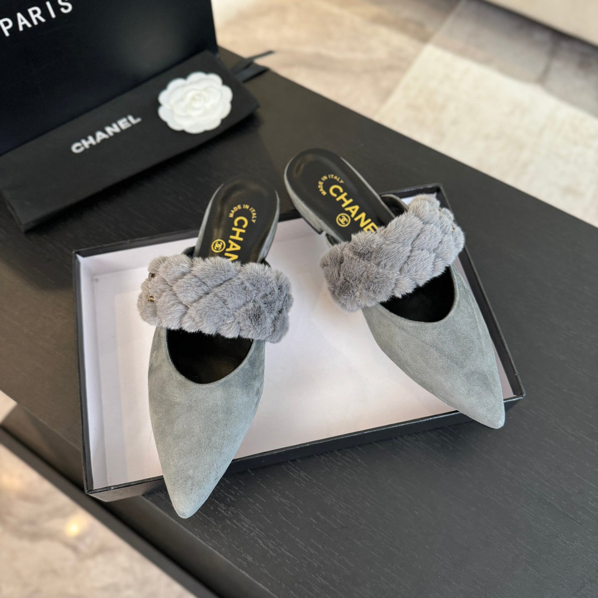 Chanel Mule in Ash Grey Smooth Fleece with Gold Hardware