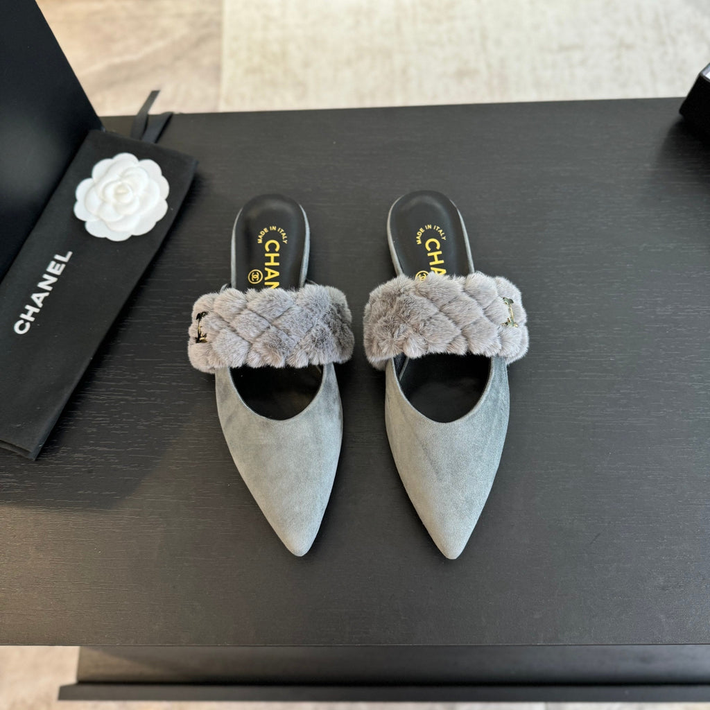 Chanel Mule in Ash Grey Smooth Fleece with Gold Hardware