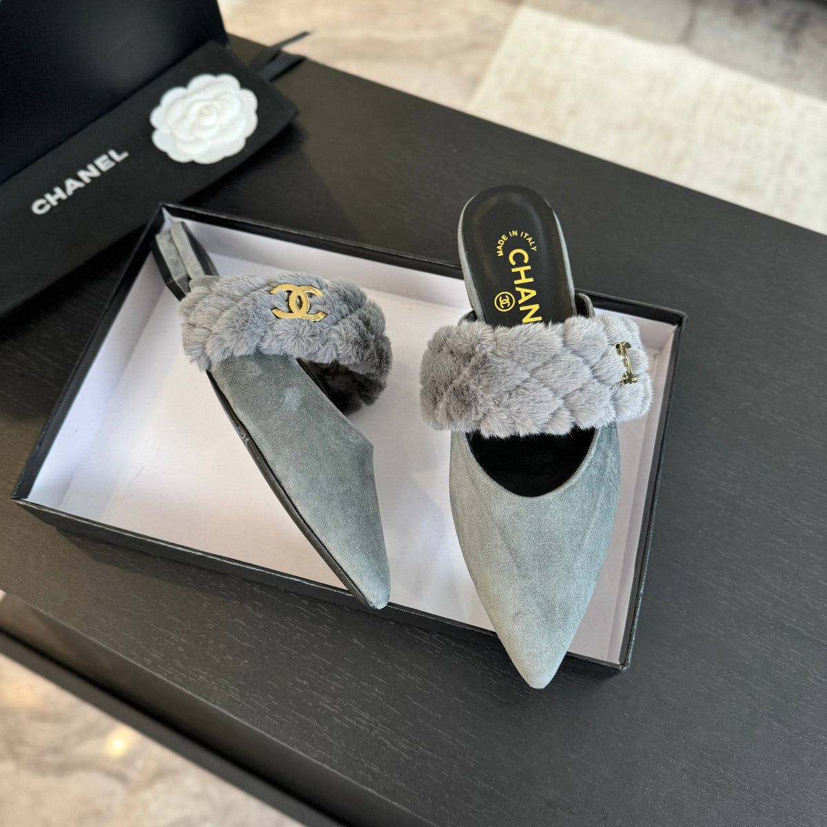 Chanel Mule in Ash Grey Smooth Fleece with Gold Hardware