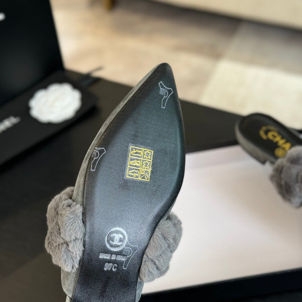 Chanel Mule in Ash Grey Smooth Fleece with Gold Hardware