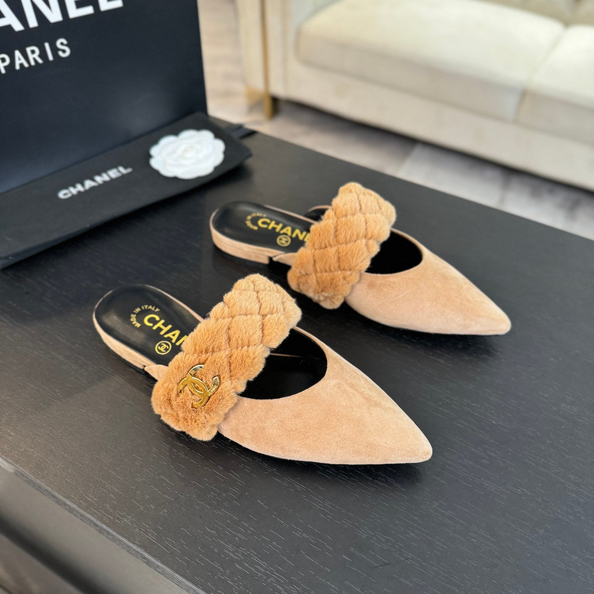 Chanel Mule in Sepia Beige Smooth Fleece with Gold Hardware