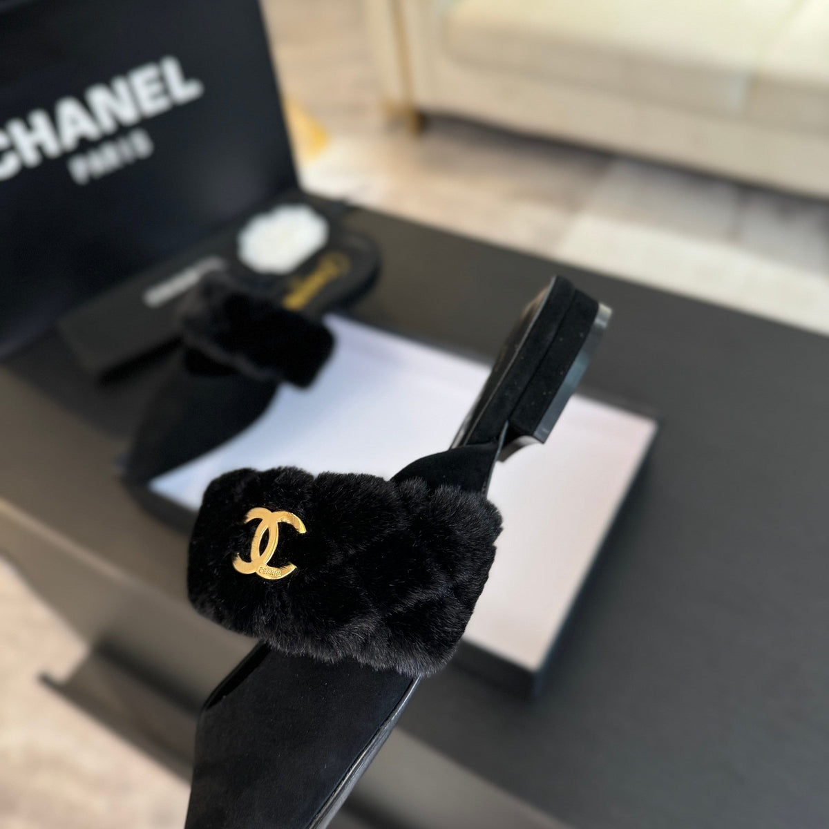 Chanel Mule in Black Smooth Fleece with Gold Hardware