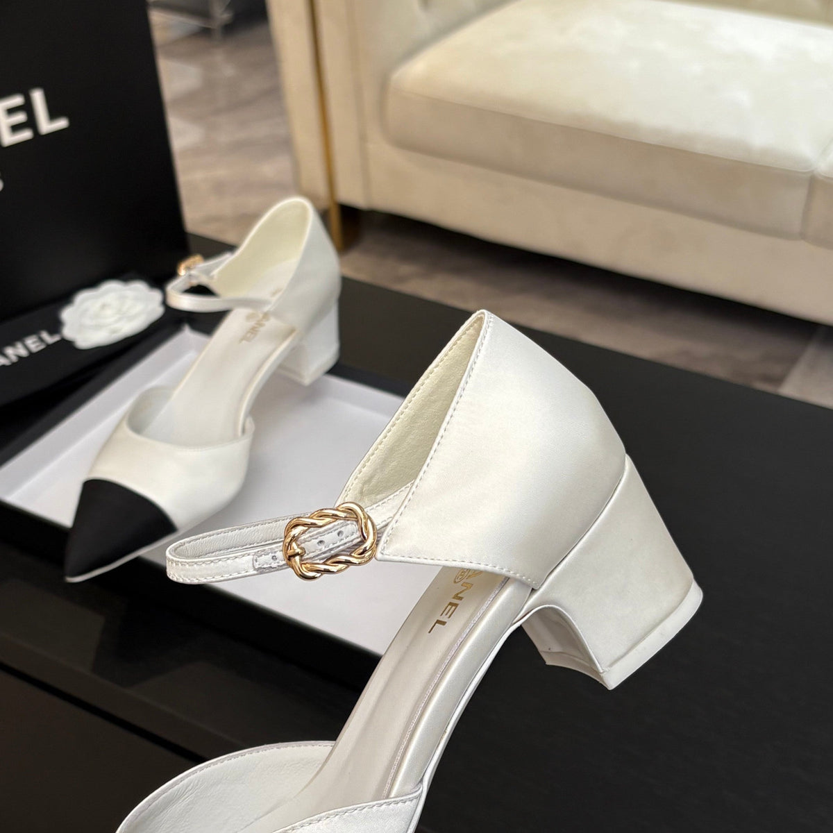 Chanel Block Heel Slingbacks in White Mix Black Silk Fabric