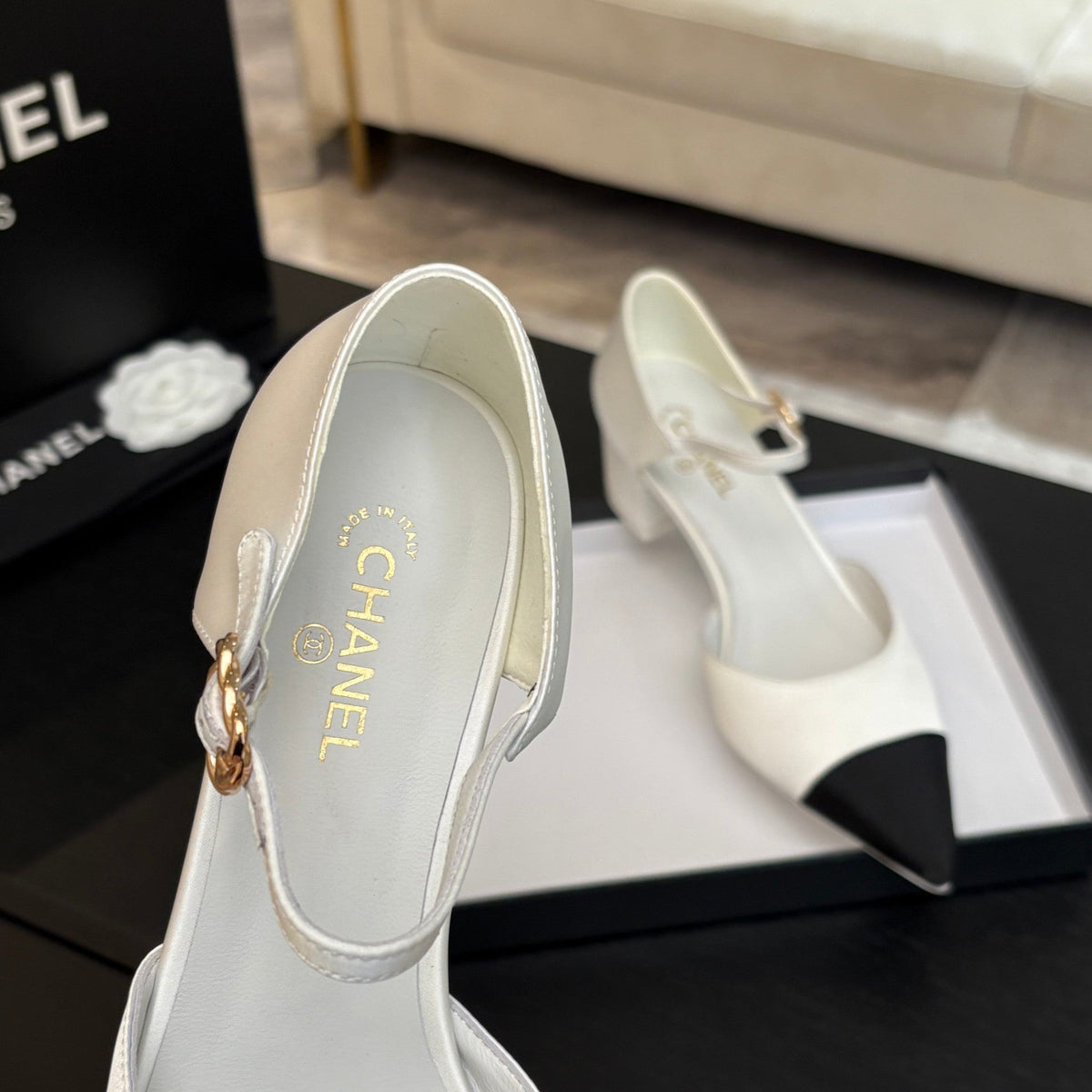 Chanel Block Heel Slingbacks in White Mix Black Silk Fabric