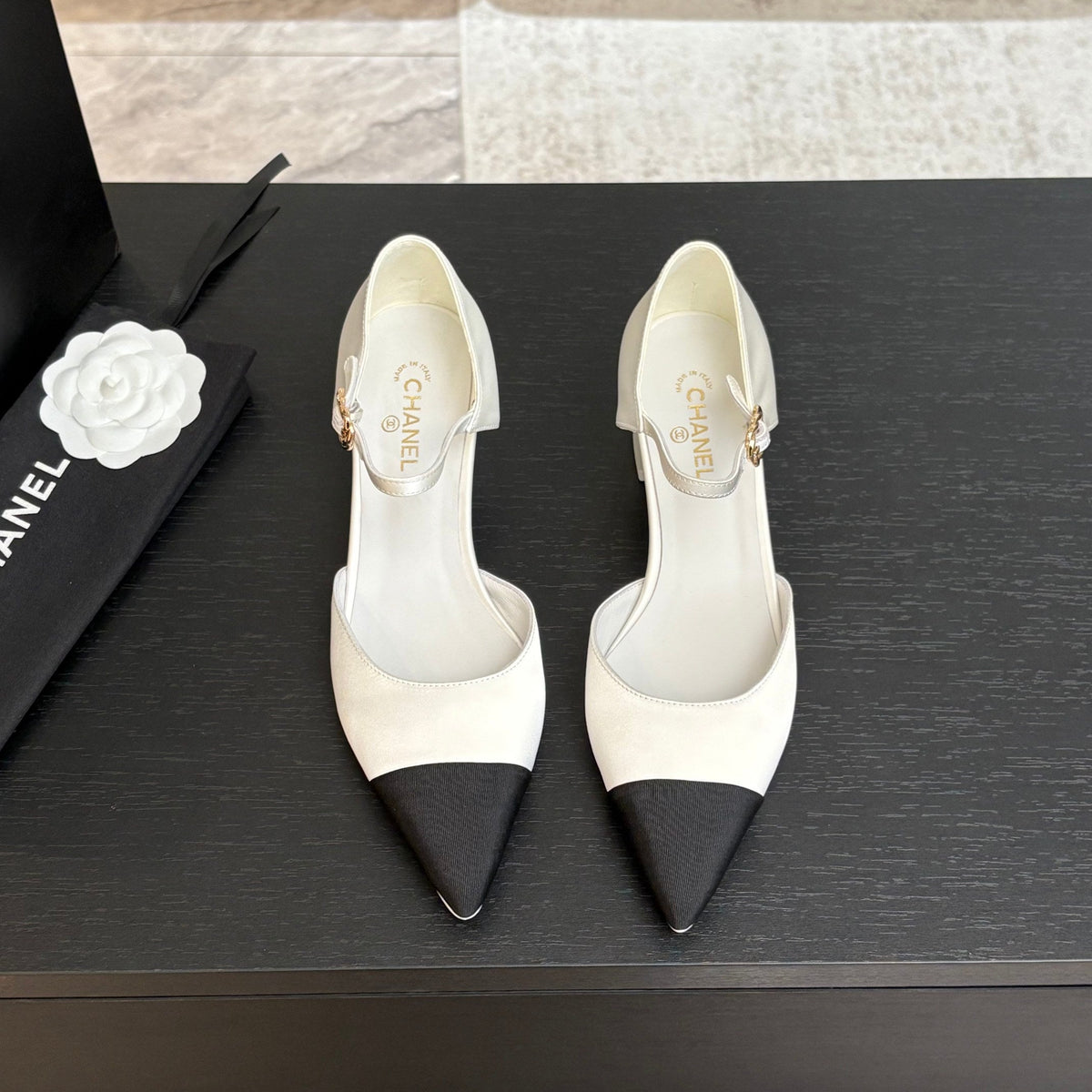 Chanel Block Heel Slingbacks in White Mix Black Silk Fabric