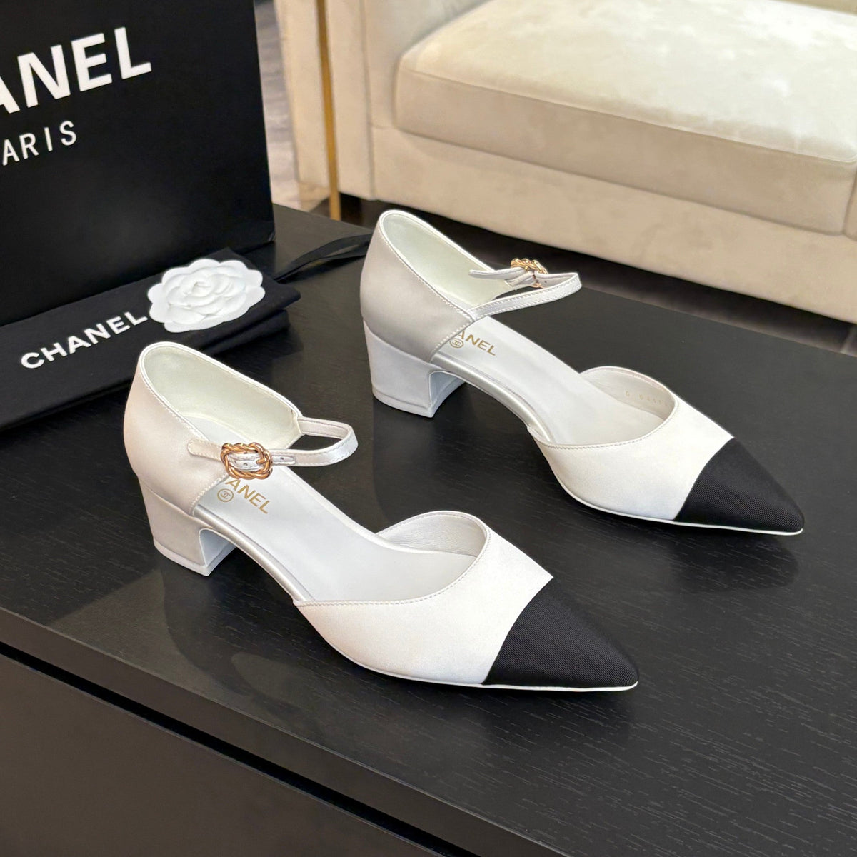 Chanel Block Heel Slingbacks in White Mix Black Silk Fabric