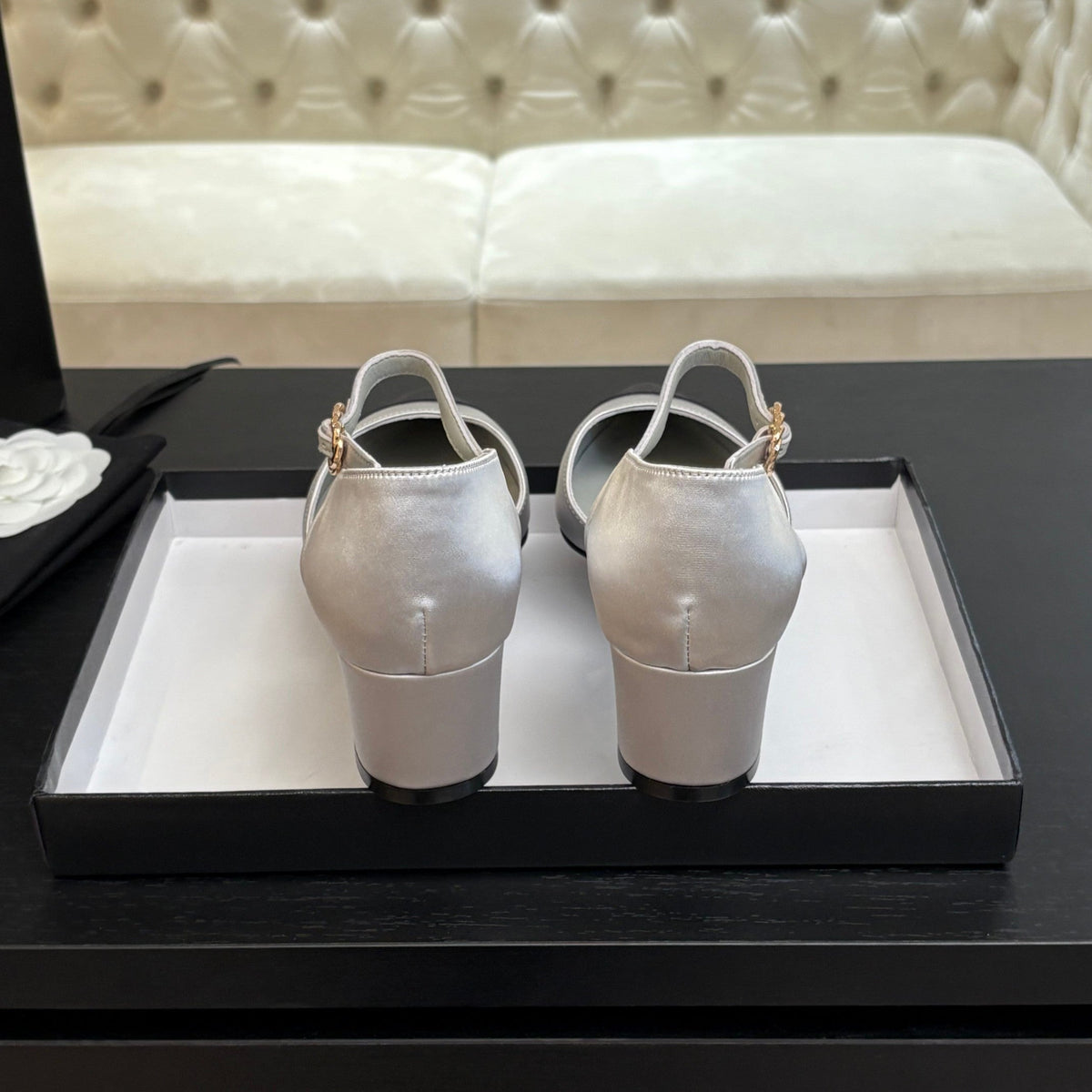 Chanel Block Heel Slingbacks in Silver Mix Black Silk Fabric