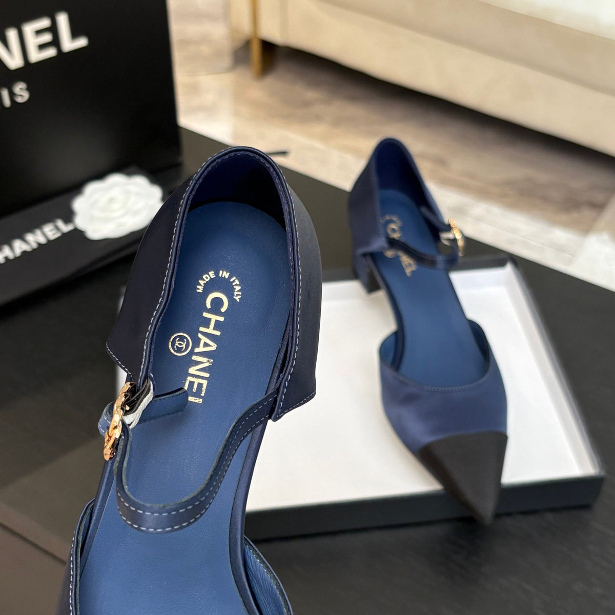 Chanel Block Heel Slingbacks in Navy Blue Mix Black Silk Fabric