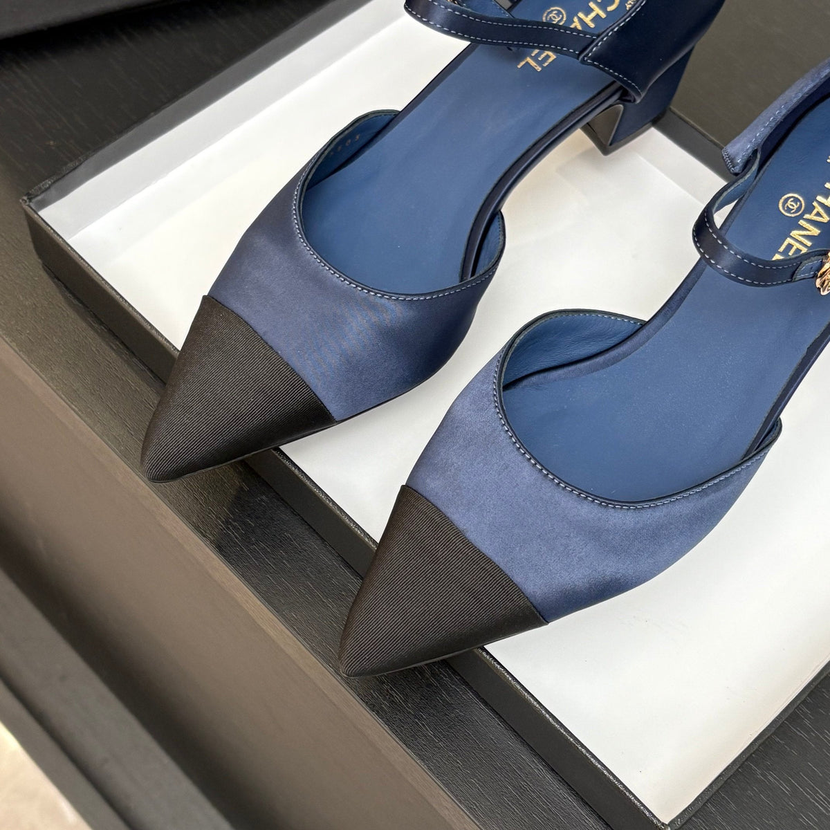 Chanel Block Heel Slingbacks in Navy Blue Mix Black Silk Fabric