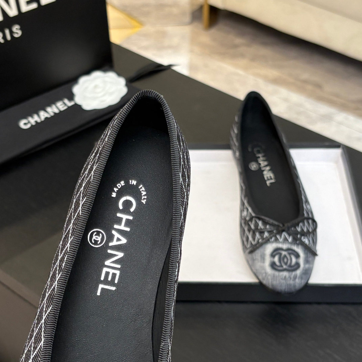 Chanel Ballet Flats in Charcoal Black Monogram Denim
