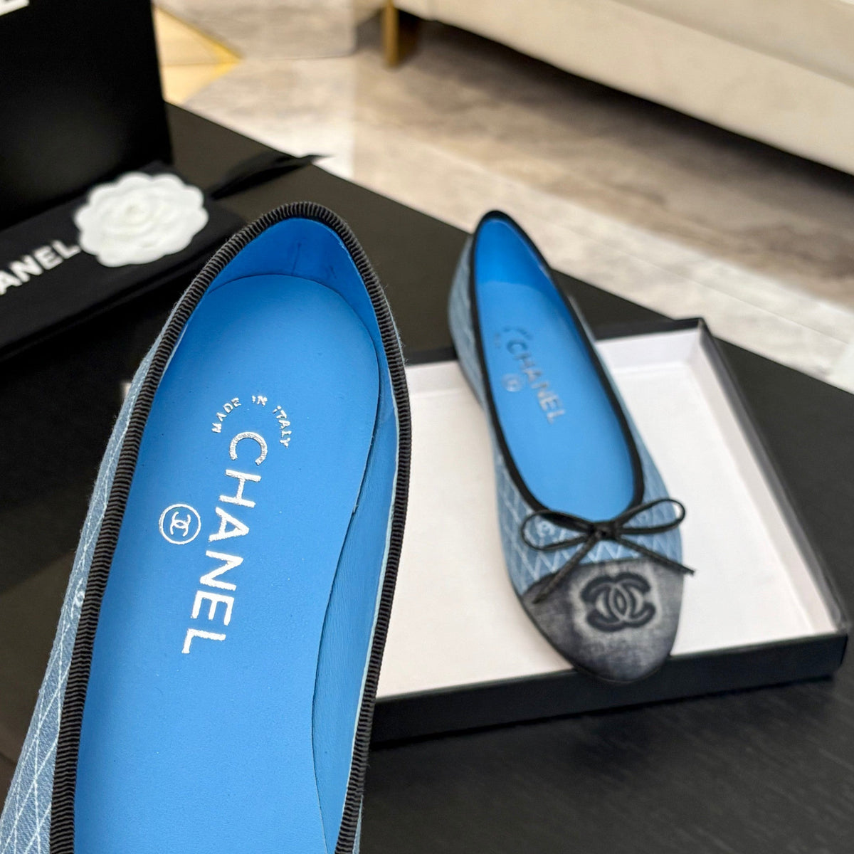 Chanel Ballet Flats in Light Blue Mix Black Monogram Denim