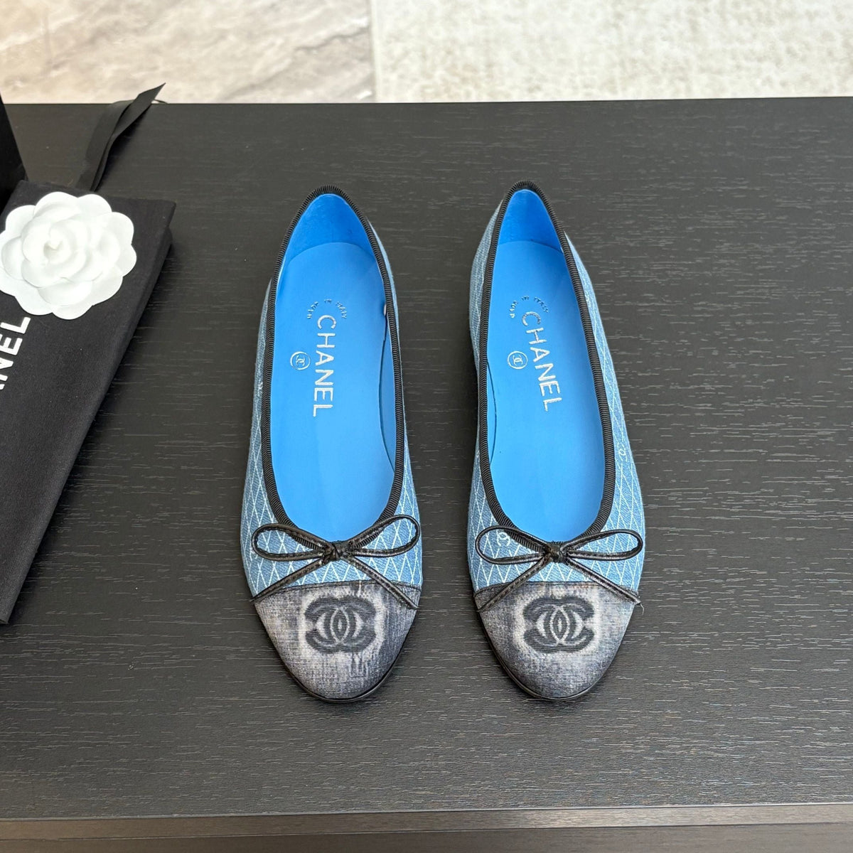 Chanel Ballet Flats in Light Blue Mix Black Monogram Denim